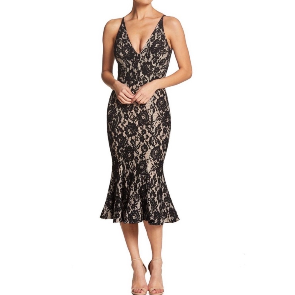 Dress‎ The Population Isabelle V Neck Lace Midi Trumpet Dress Women's Size XS